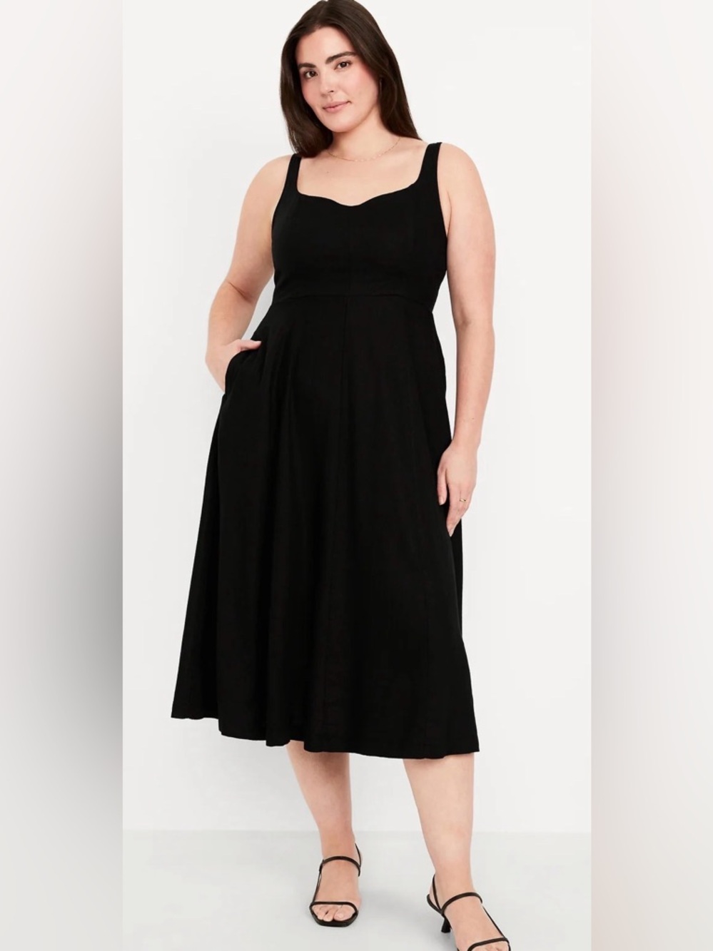 Old Navy Fit N Flare Linen-Blend Smocked Back Midi Dress Vacation LBD NWT Cruise